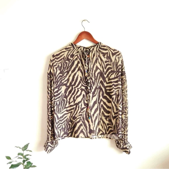Bl-nk London Anthropologie Arely Blouse Animal Zebra Print Brown Beige Size XS - Picture 3 of 8